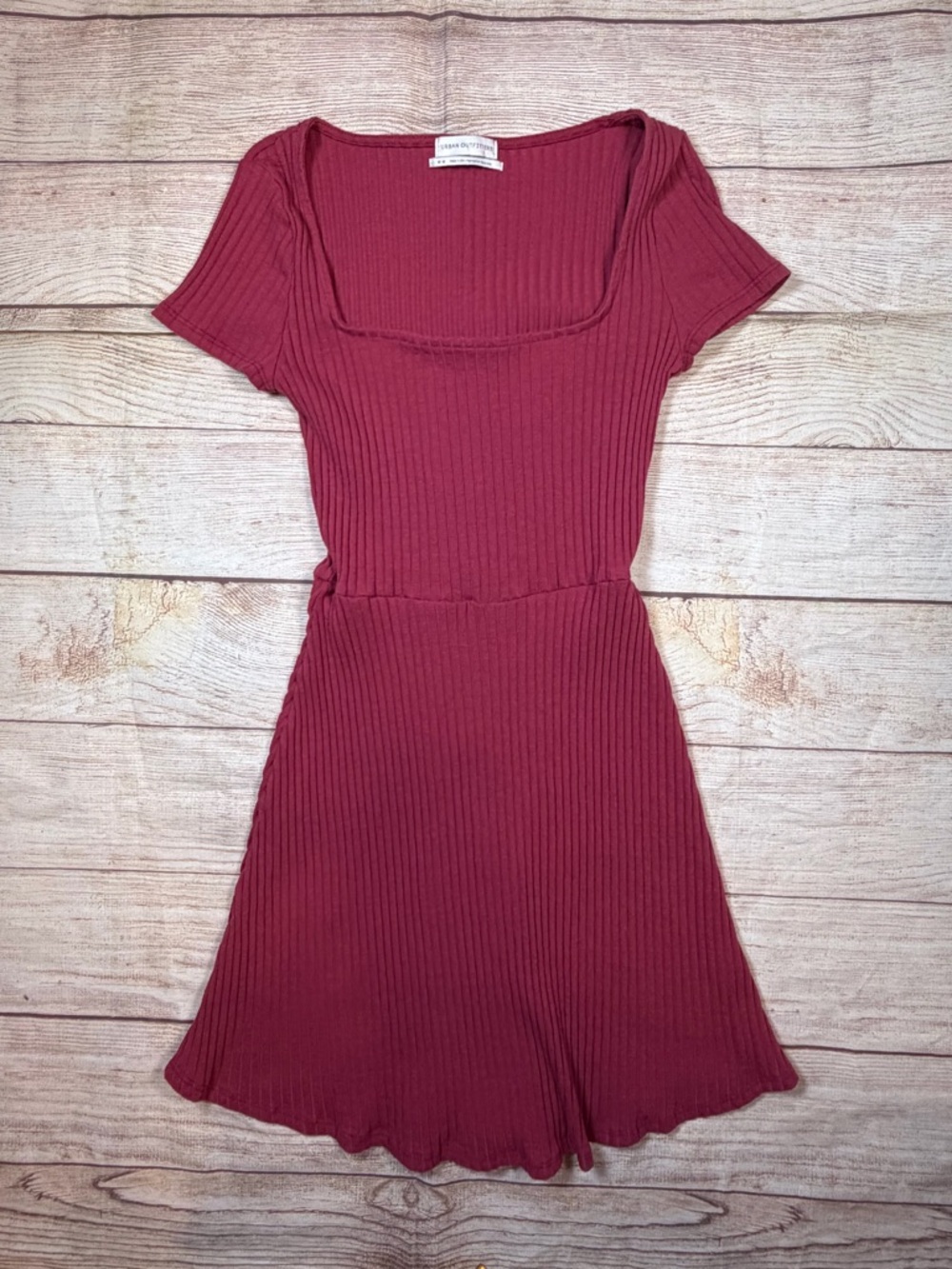 Urban Outfitters Ribbed Square Neck Short Sleeve Sun Dress - Burgundy